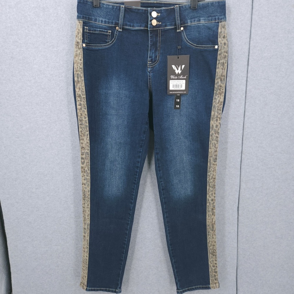White Mark Dark Wash Cheetah Stripe Button Straight Leg Jeans Womens Size 18 NWT
